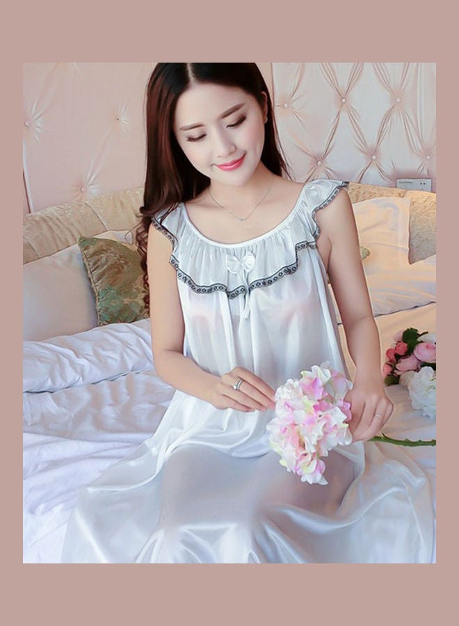 Fashion Faux Silk Ruffle Night Dress Nightgown Women Loose Mid-Calf Sleepwear Red - Image 4