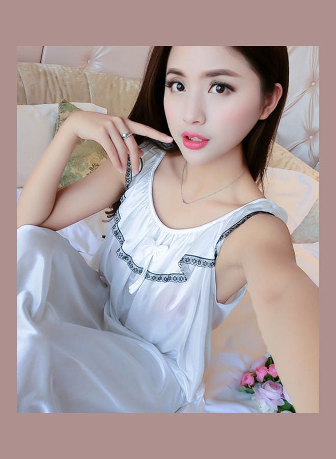 Fashion Faux Silk Ruffle Night Dress Nightgown Women Loose Mid-Calf Sleepwear Red - Image 5