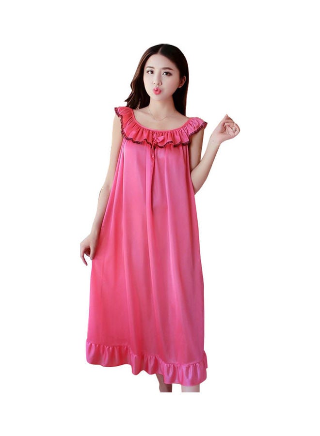 Fashion Faux Silk Ruffle Night Dress Nightgown Women Loose Mid-Calf Sleepwear Watermelon Red  - Image 1