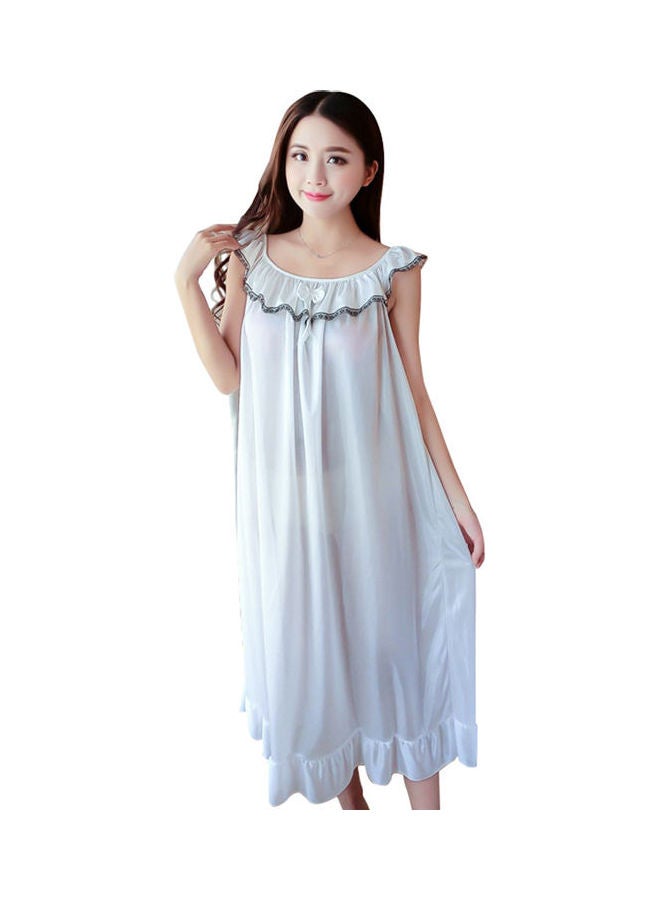 Fashion Faux Silk Ruffle Night Dress Nightgown Women Loose Mid-Calf Sleepwear White - Image 1