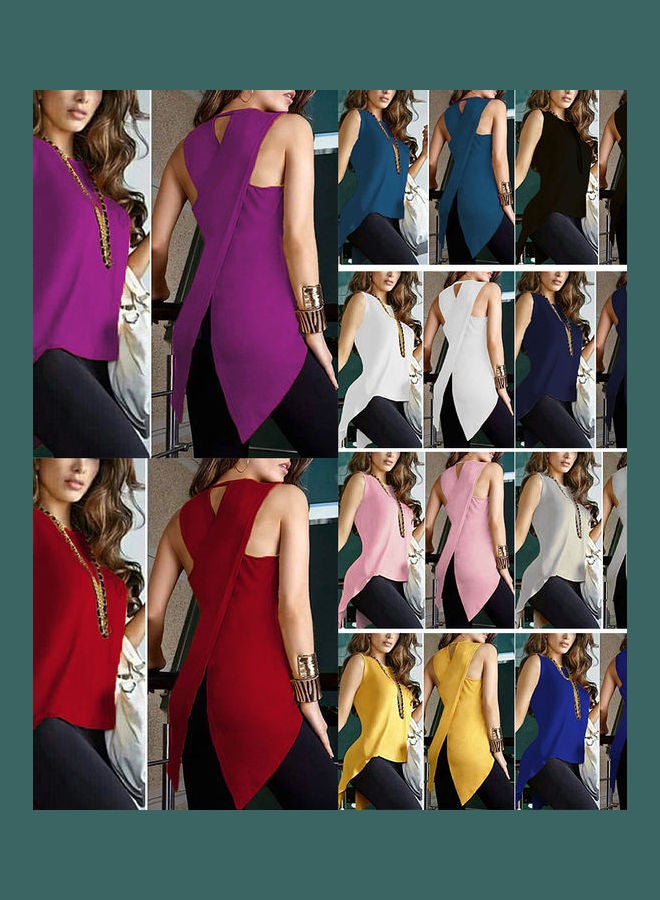 Fashion Sleeveless Back Cross Women T-Shirt O-Neck Breathable Summer Top Blouse Sapphire Blue - Image 1