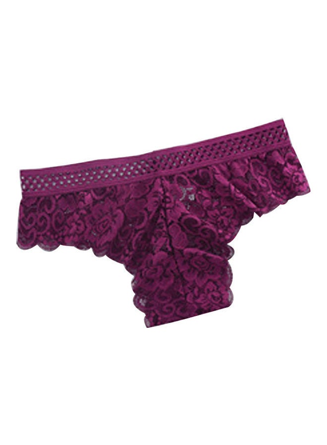 Hollowed Waist Lace Rim Flower Embroidery Women Underpants Briefs Panties Wine Red 
