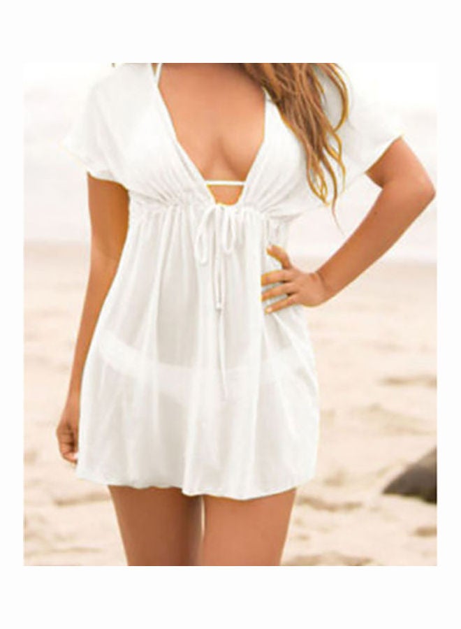 Women Beach Dress Cover Up Solid Colour Summer Swimwear Deep V-Neck Sarong Yellow  - Image 3