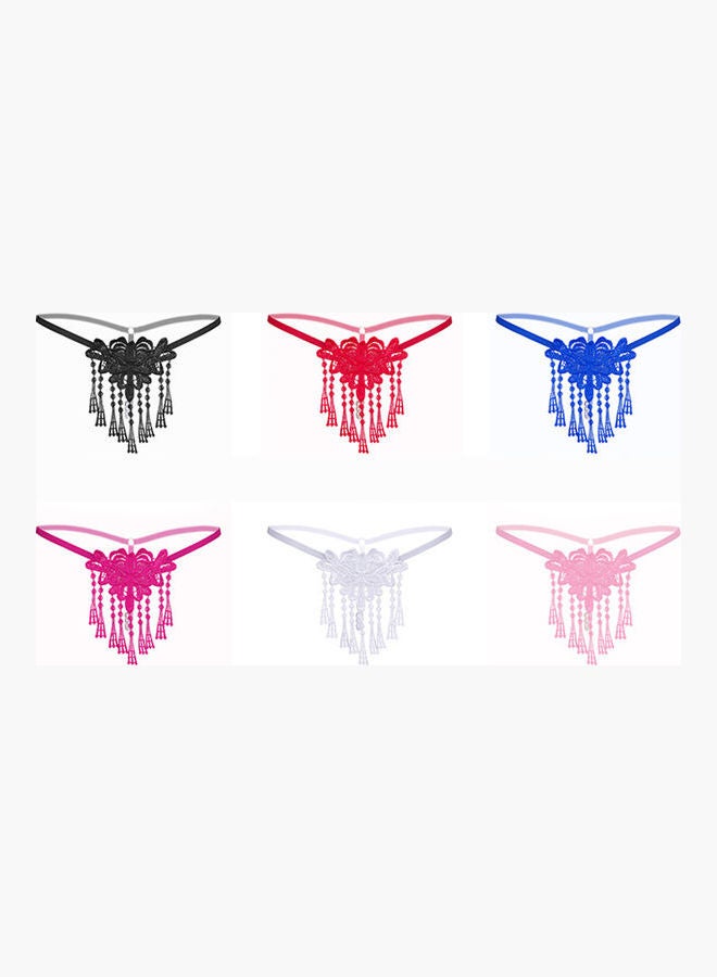 Generic - Lady Underwear Imitation Pearl Flower Embroidered Tassel G-String Briefs Rose Red - Image 1