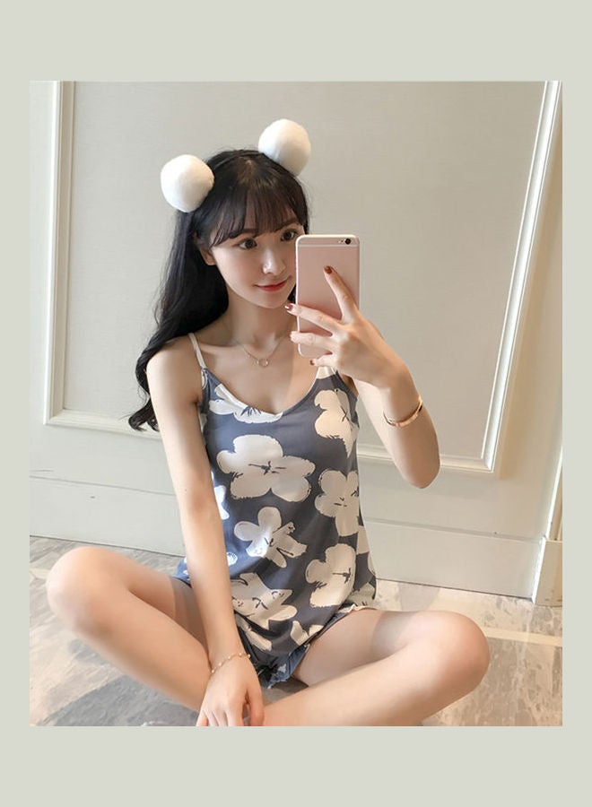 2-Piece Floral Printed Top And Shorts Set Blue/White - Image 4