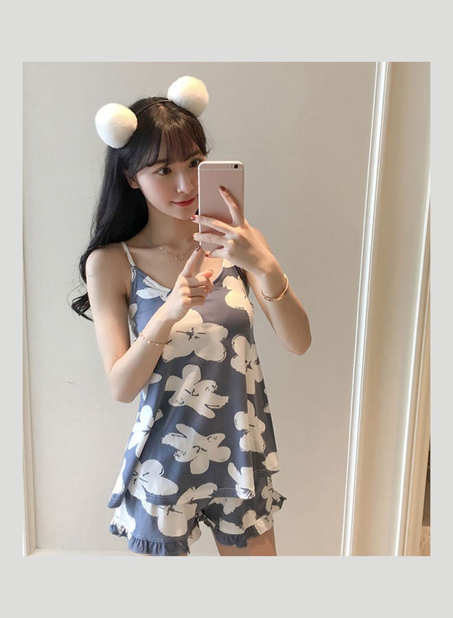 2-Piece Floral Printed Top And Shorts Set Blue/White - Image 5