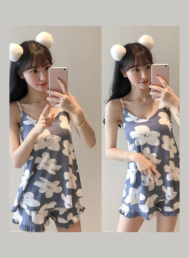 2-Piece Floral Printed Top And Shorts Set Blue/White - Image 1
