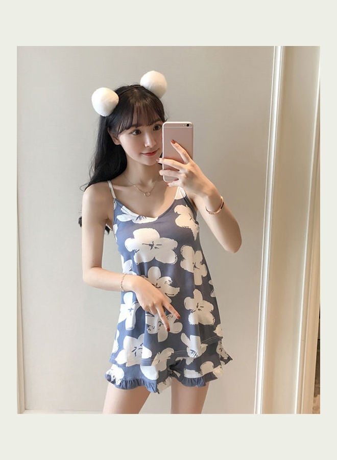 2-Piece Floral Printed Top And Shorts Set Blue/White - Image 2