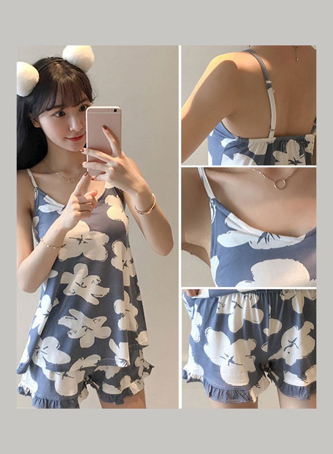 2-Piece Floral Printed Top And Shorts Set Blue/White - Image 3