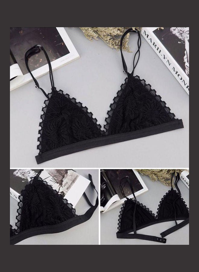 Women Fashion Sleepwear Floral Lace Bra Padded Wireless Solid Color Underwear Black - Image 5