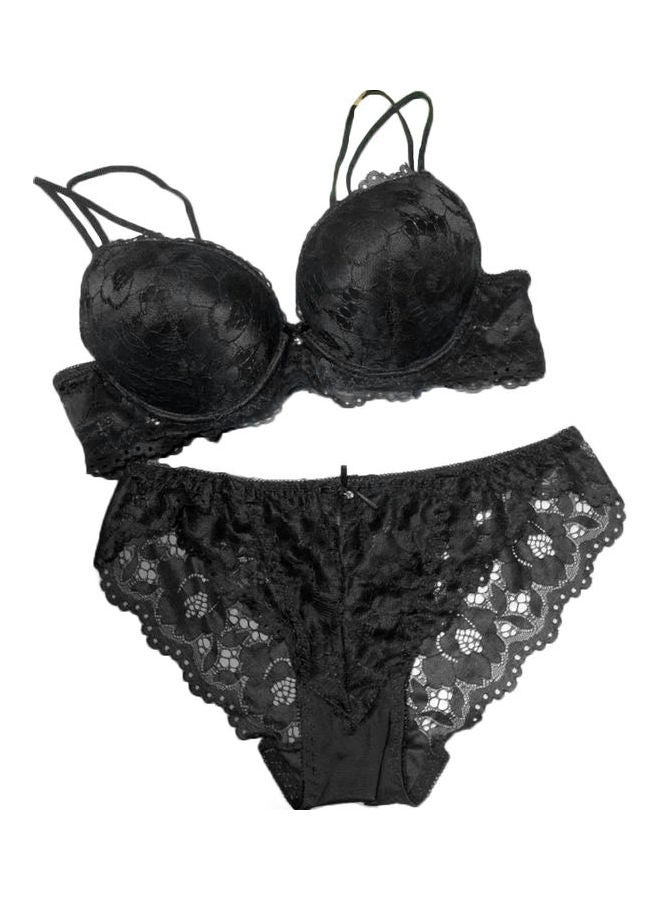 Women Underwear Set Floral Lace Rhinestone Decor Push Up Bra Panties Briefs Black 