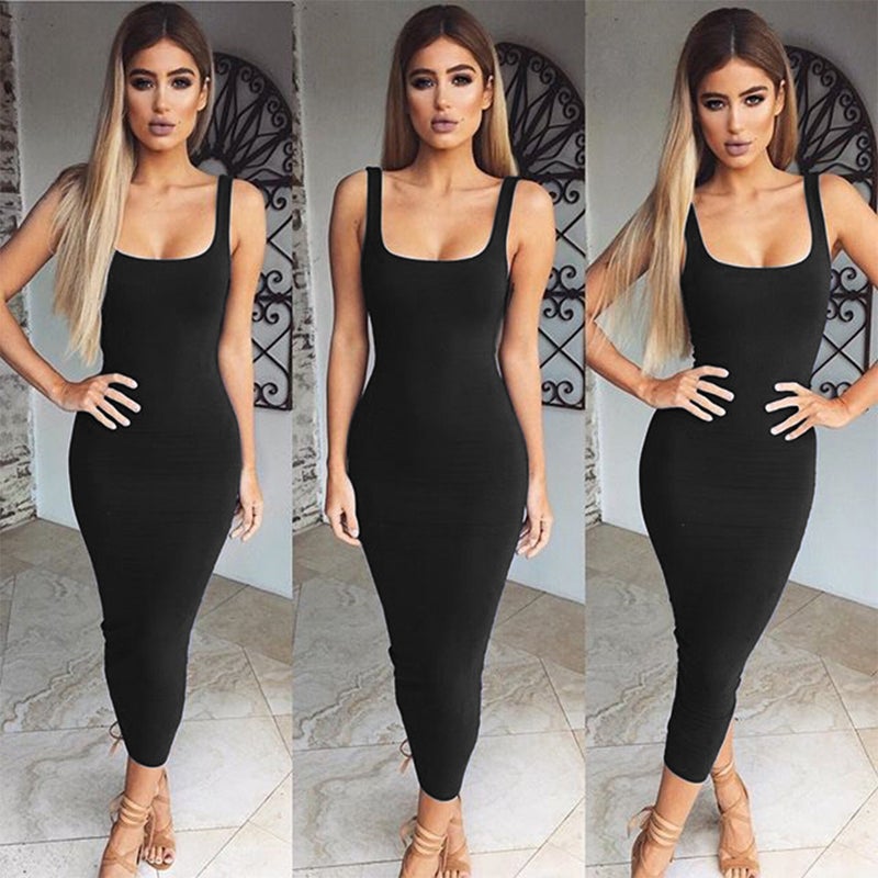 Summer U-Neck Sleeveless Women Fashion Slim Bodycon Long Vest Dress Sundress Wine Red - Image 3
