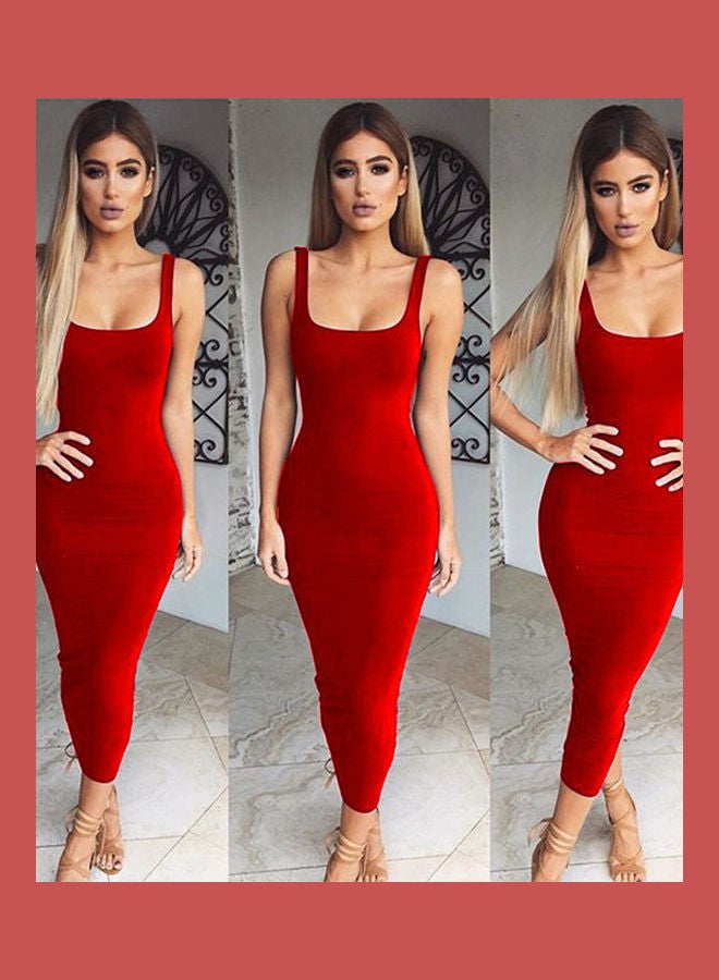 Summer U-Neck Sleeveless Women Fashion Slim Bodycon Long Vest Dress Sundress Wine Red - Image 1