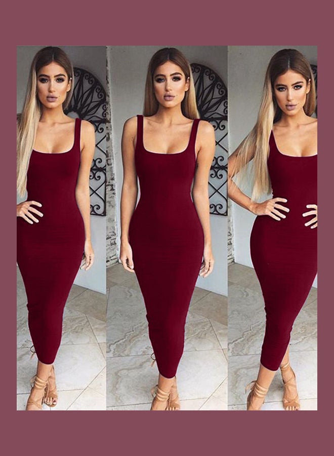 Summer U-Neck Sleeveless Women Fashion Slim Bodycon Long Vest Dress Sundress Wine Red - Image 2