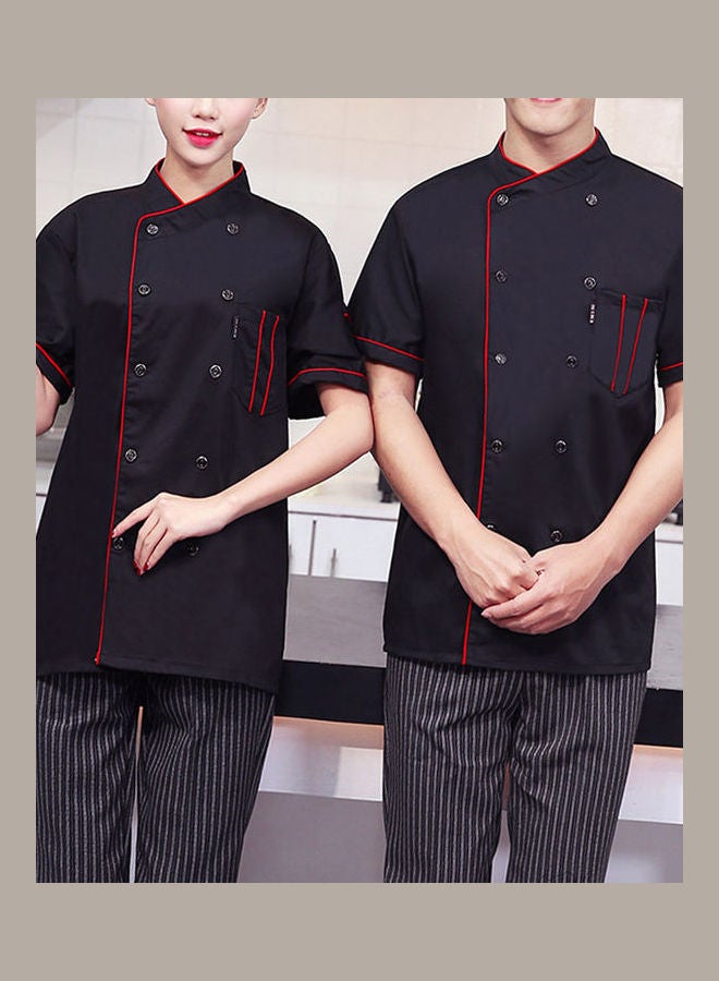 Short Sleeve Stand Collar Double-Breasted Chef Waiter Uniform Loose T-shirt Black  - Image 1