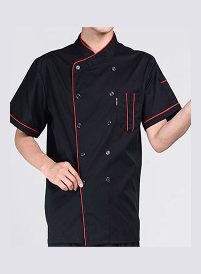 Short Sleeve Stand Collar Double-Breasted Chef Waiter Uniform Loose T-shirt Black  - Image 3
