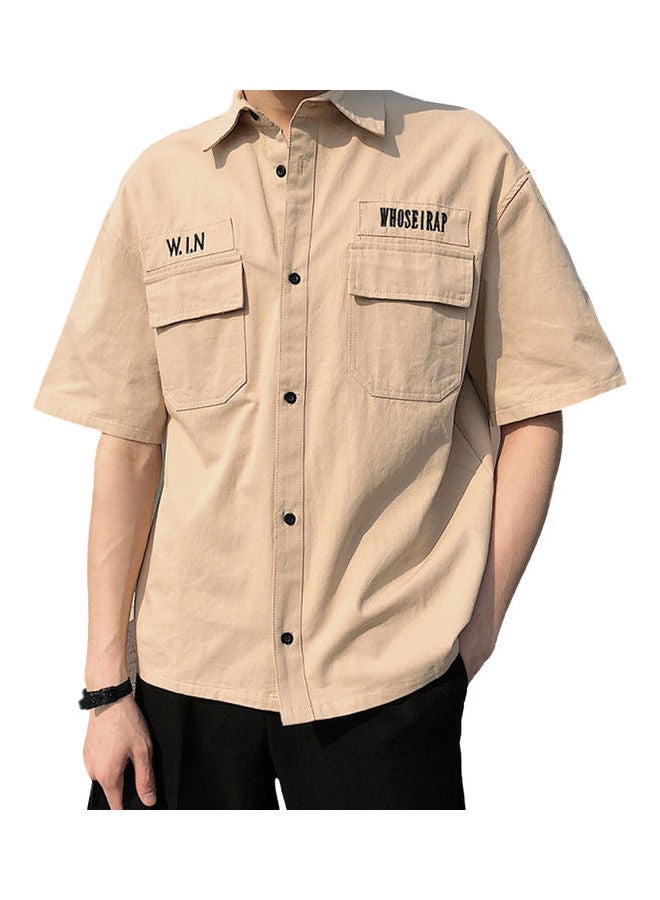 Short Sleeve Tooling Shirt Turn-Down Collar Summer Men Loose Casual Top Workwear Khaki - Image 1
