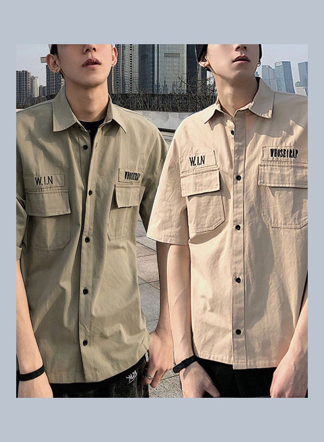 Short Sleeve Tooling Shirt Turn-Down Collar Summer Men Loose Casual Top Workwear Khaki - Image 2