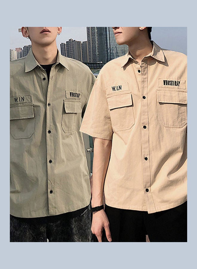 Short Sleeve Tooling Shirt Turn-Down Collar Summer Men Loose Casual Top Workwear Khaki - Image 3