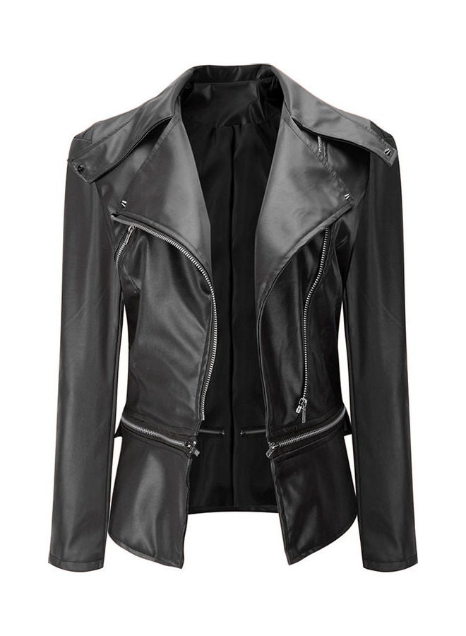 Slim Fit Decorated Zippers Long Sleeve Coat Black - Image 1