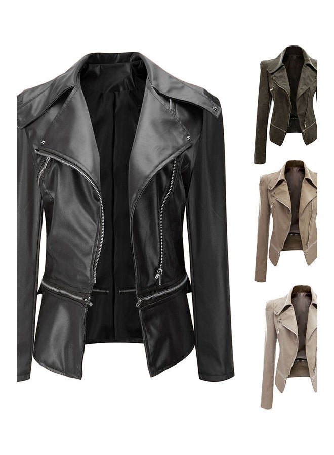 Slim Fit Decorated Zippers Long Sleeve Coat Black - Image 2