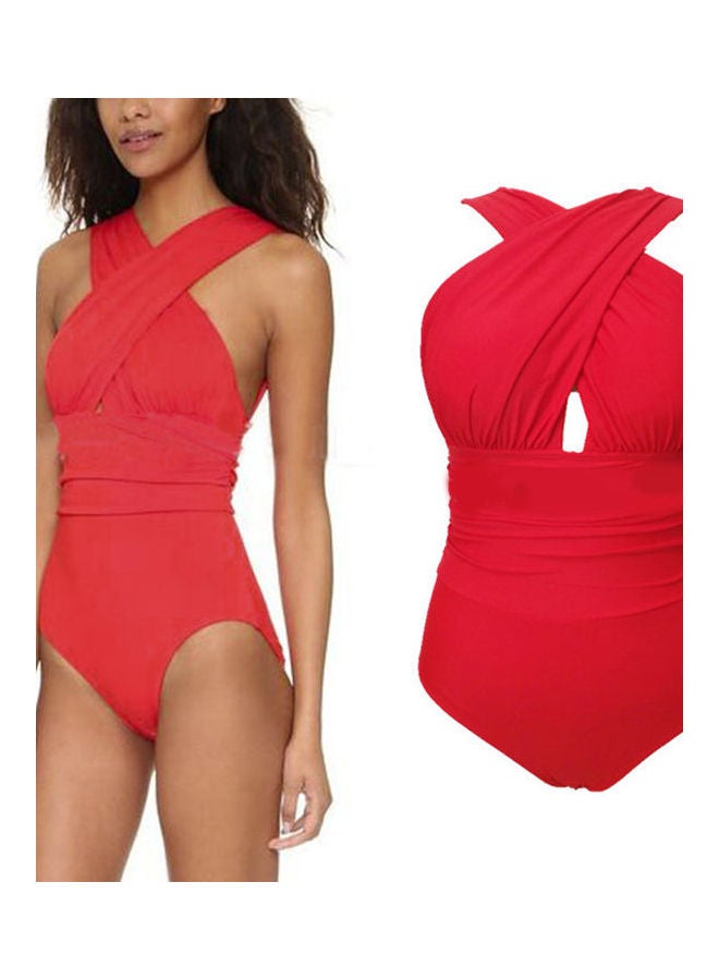 Lady Fashion Front Cross One-piece Padding Bathing Suit Red  - Image 3