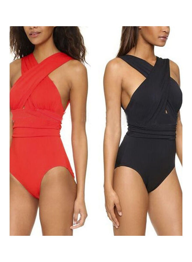 Lady Fashion Front Cross One-piece Padding Bathing Suit Red  - Image 1