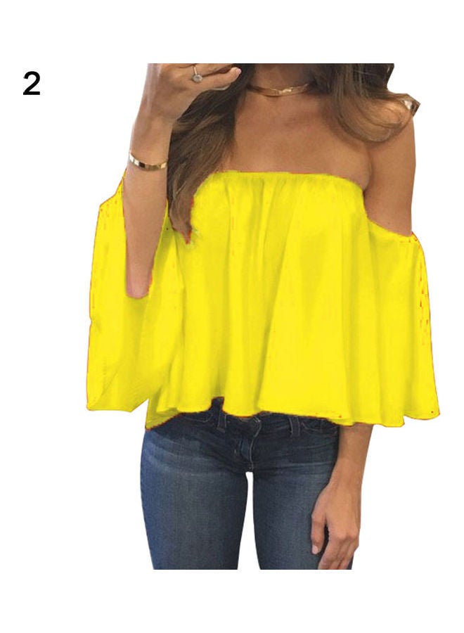 Lady Off Shoulder Long Sleeve Chiffon Top T-shirt Blouse Yellow  - Image 1