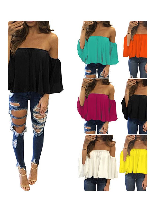 Lady Off Shoulder Long Sleeve Chiffon Top T-shirt Blouse Yellow  - Image 2