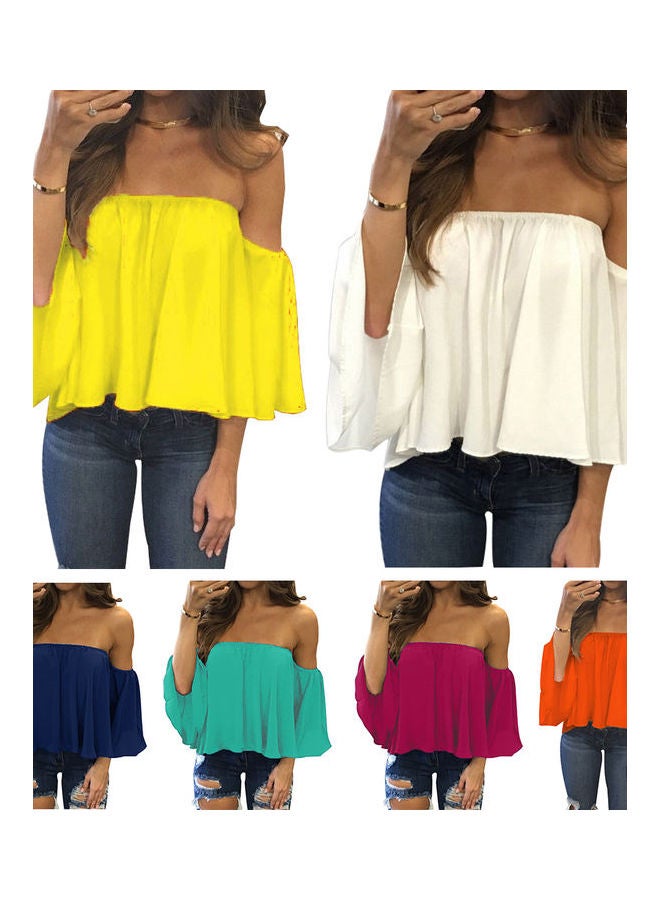 Lady Off Shoulder Long Sleeve Chiffon Top T-shirt Blouse Yellow  - Image 3