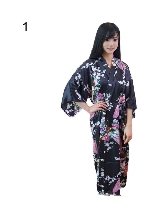 رداء نوم عصري طويل بتصميم كيمونو مزين بطبعة زهور وطاووس ارجواني فاتح