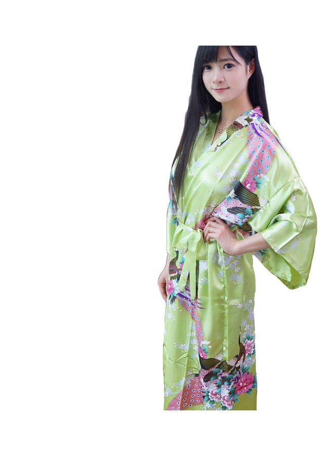 رداء نوم عصري طويل بتصميم كيمونو مزين بطبعة زهور وطاووس ارجواني فاتح