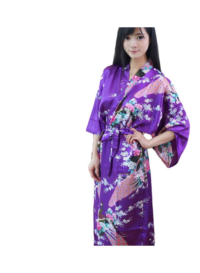 Fashion Peacock Floral Print Long Kimono Robe Sleepwear Purple - Image 1