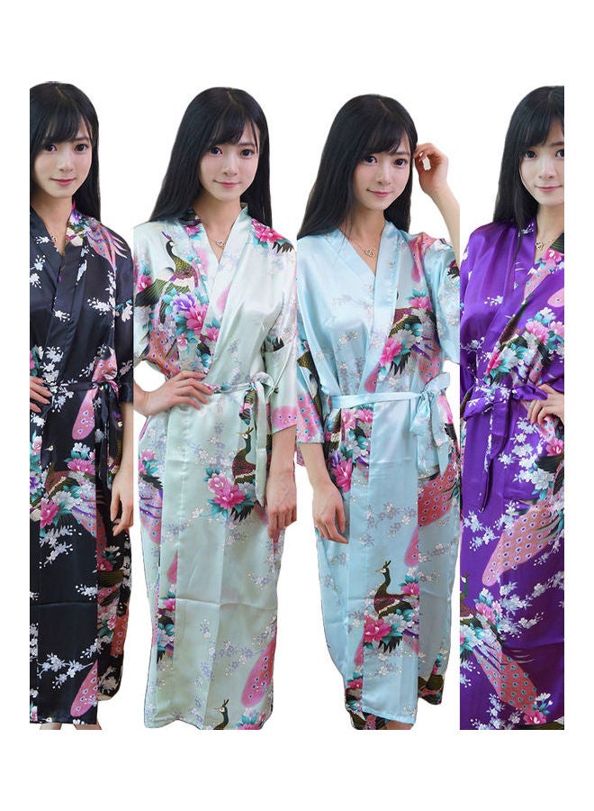Fashion Peacock Floral Print Long Kimono Robe Sleepwear Purple - Image 3