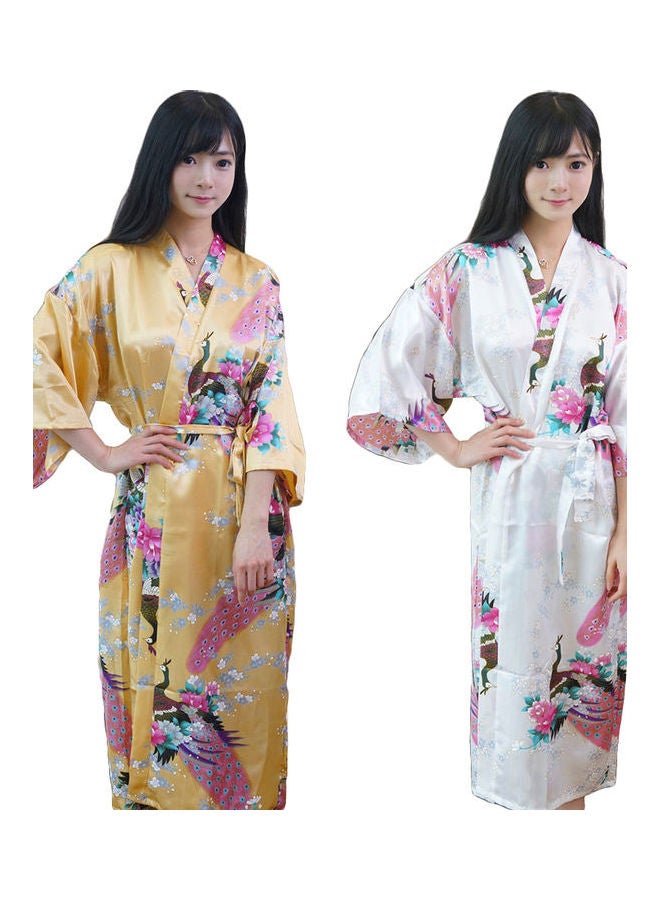 Fashion Peacock Floral Print Long Kimono Robe Sleepwear Lake Blue - Image 4