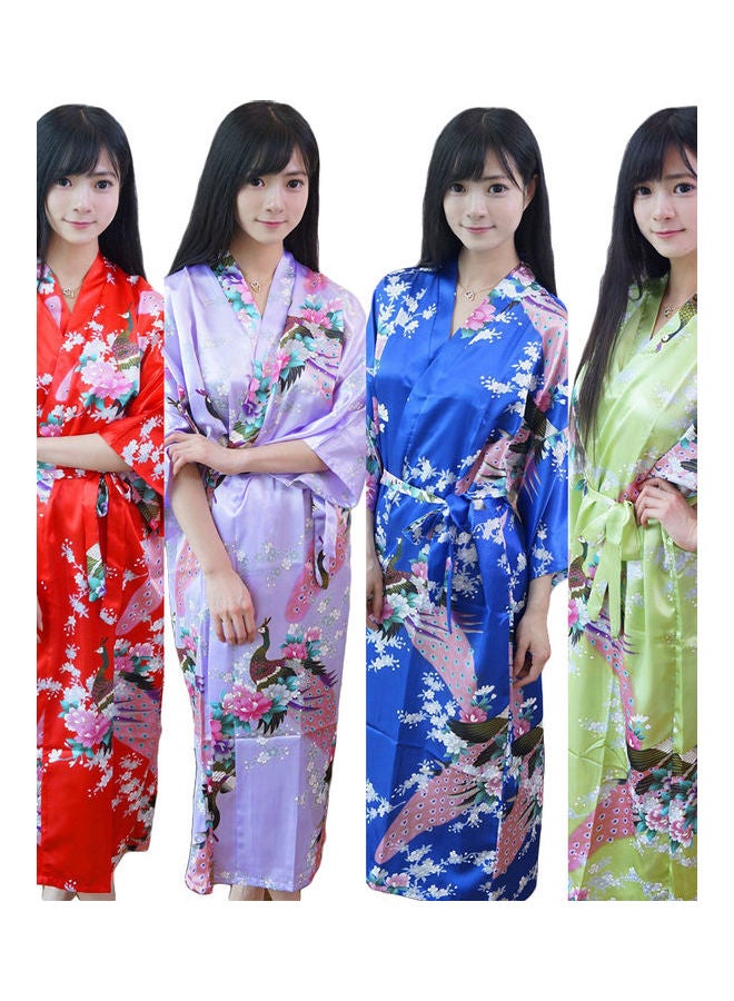 Fashion Peacock Floral Print Long Kimono Robe Sleepwear Lake Blue - Image 2