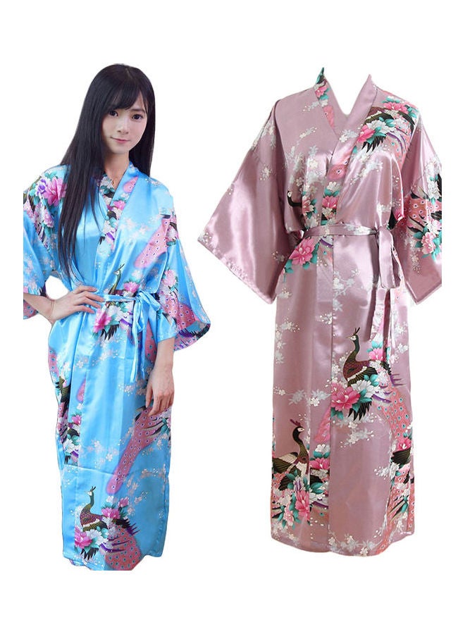 Fashion Peacock Floral Print Long Kimono Robe Sleepwear Lake Blue - Image 5
