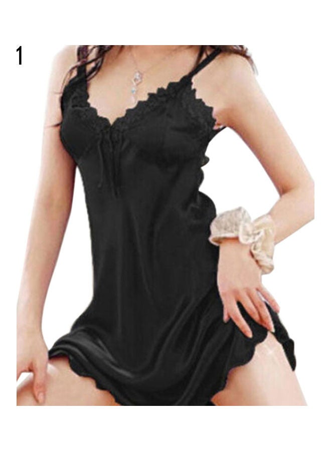 Generic Lady Spaghetti Strap Lace V-neck Sleepwear Dress + G-string Nightwear Black  - Image 1