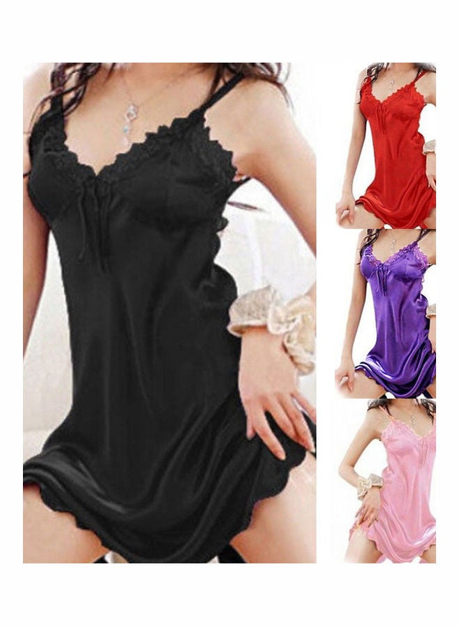 Generic Lady Spaghetti Strap Lace V-neck Sleepwear Dress + G-string Nightwear Black  - Image 2