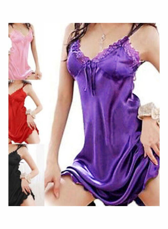 Generic Lady Spaghetti Strap Lace V-neck Sleepwear Dress + G-string Nightwear Black  - Image 3