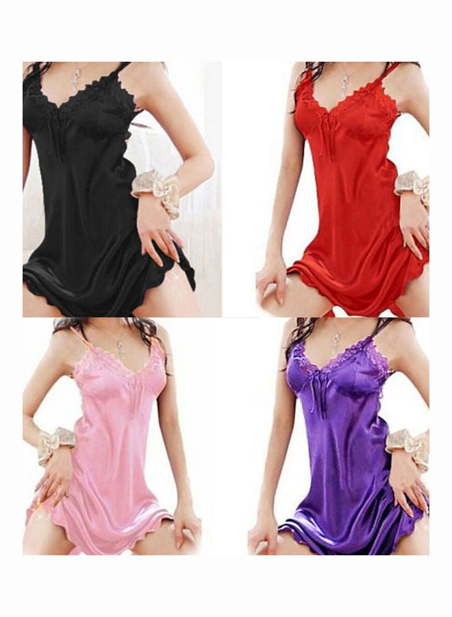 Generic Lady Spaghetti Strap Lace V-neck Sleepwear Dress + G-string Nightwear Black  - Image 4