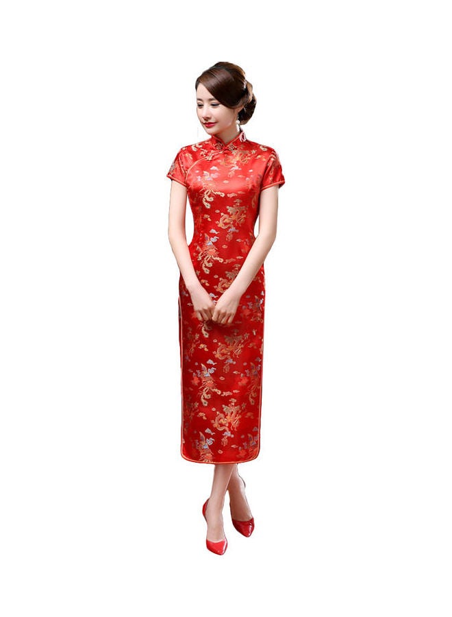 Ethnic Vintage Women Chinese Dragon Phoenix Embroidery Long Slim Cheongsam Dress Lake Blue - Image 4