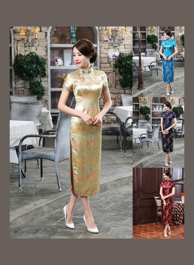 Ethnic Vintage Women Chinese Dragon Phoenix Embroidery Long Slim Cheongsam Dress Lake Blue - Image 1