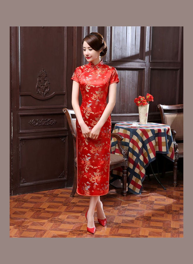 Ethnic Vintage Women Chinese Dragon Phoenix Embroidery Long Slim Cheongsam Dress Lake Blue - Image 2
