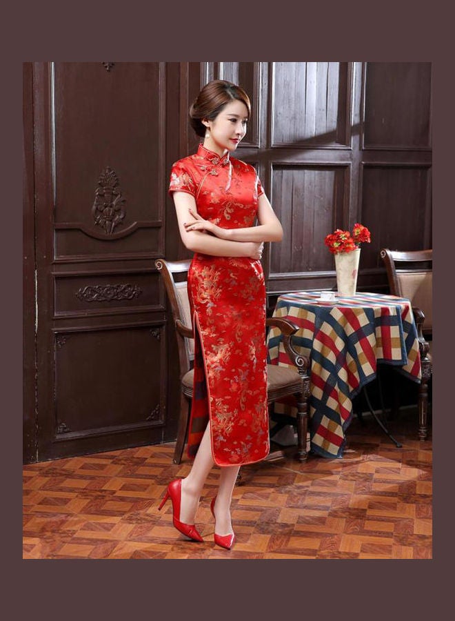 Ethnic Vintage Women Chinese Dragon Phoenix Embroidery Long Slim Cheongsam Dress Lake Blue - Image 3