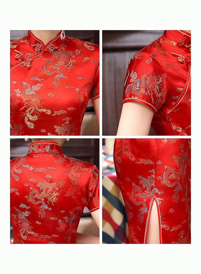 Ethnic Vintage Women Chinese Dragon Phoenix Embroidery Long Slim Cheongsam Dress Lake Blue - Image 5