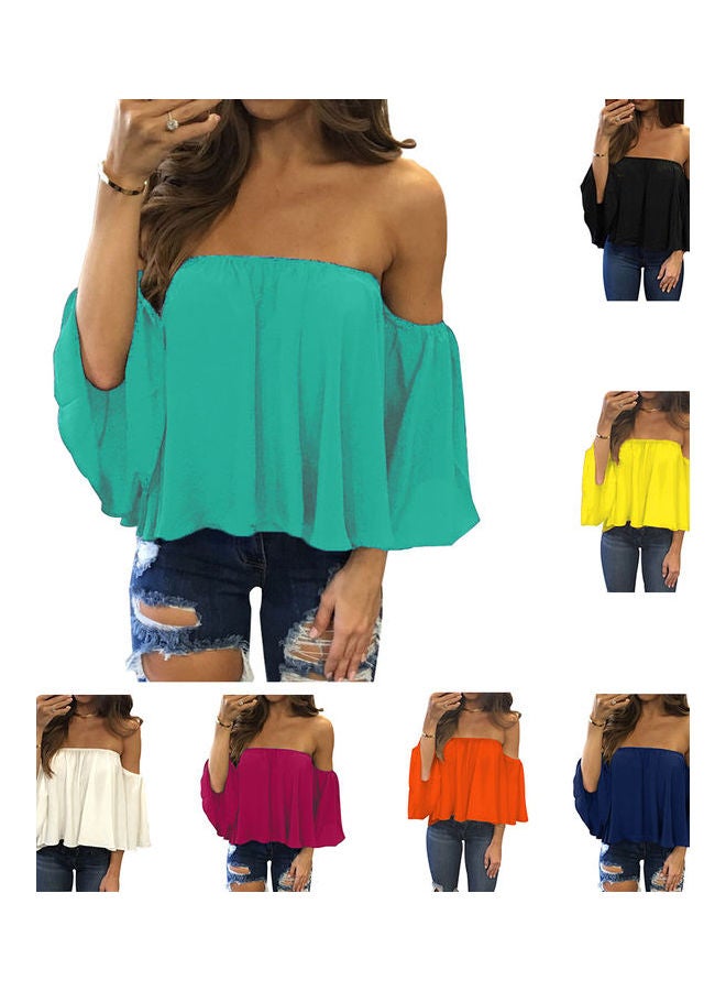 Lady Off Shoulder Long Sleeve Solid Colour Loose Chiffon Top T-shirt Blouse White - Image 3