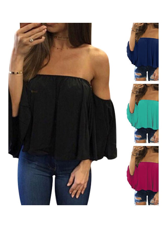 Lady Off Shoulder Long Sleeve Solid Colour Loose Chiffon Top T-shirt Blouse White - Image 4