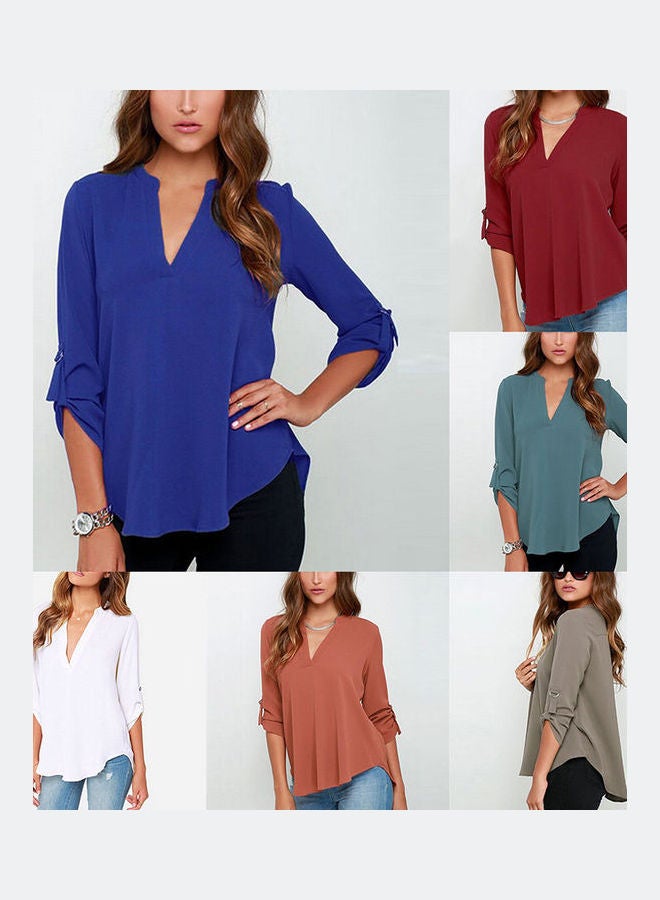 Women's Casual Loose Solid Colour V-Neck Long Sleeve Chiffon Shirt Blouse Top White  - Image 1