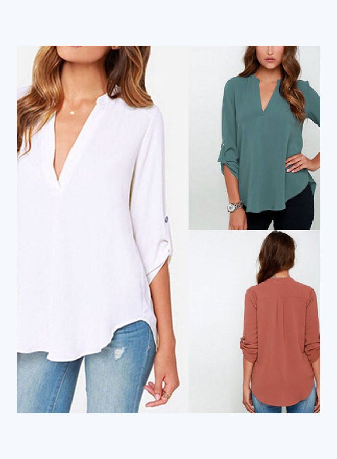 Women's Casual Loose Solid Colour V-Neck Long Sleeve Chiffon Shirt Blouse Top White  - Image 2
